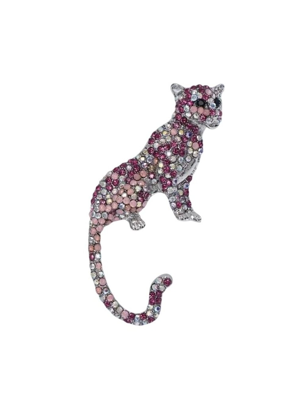 Pink Crystal Rhinestone Leopard Brooch Pin Silver tone